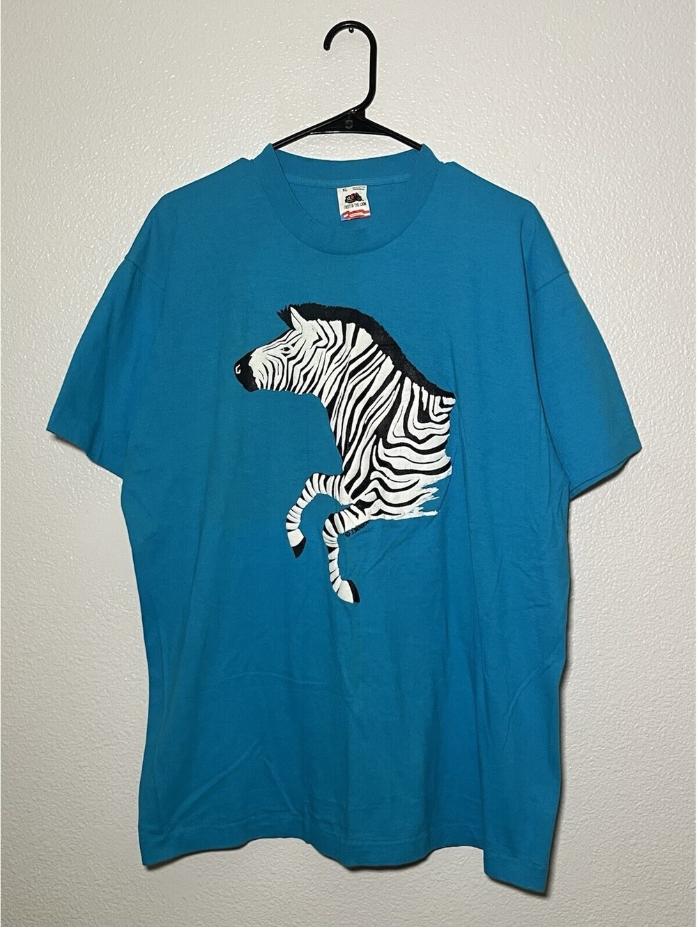 Vtg 80s Fruit of the Loom Single Stitch Teal Zebra Puffy Print T-Shirt Men’s XL